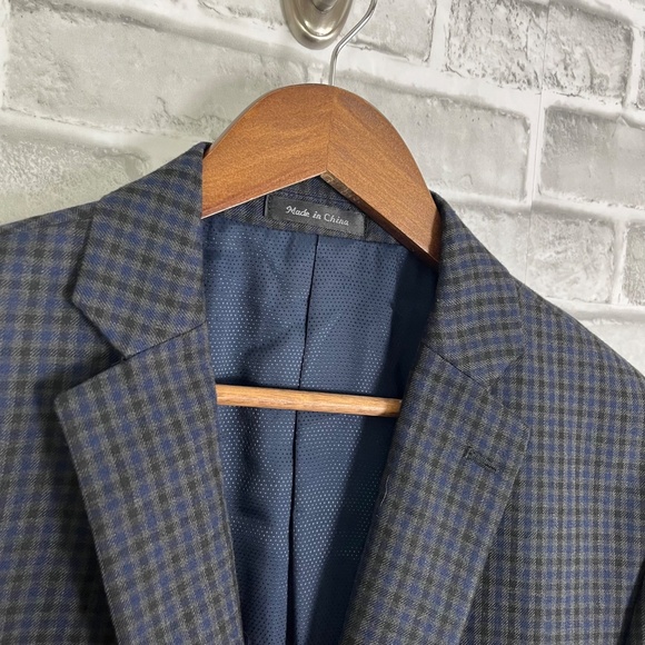 Michael Kors Navy Blue & Charcoal Gingham Check Blazer Suit Jacket Mens 44L Poly - Picture 2 of 10